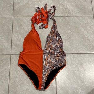 SHEIN Black and Orange Snakeskin Swimsuit